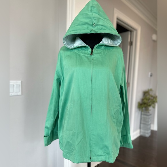 ✨NWT✨Denim & Co QVC Green Canvas Seersucker Zip Hooded Jacket Women’s XL - Picture 1 of 15